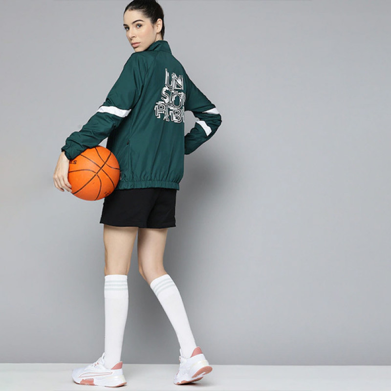 Women Teal Green & White Typography Printed Basketball Jacket